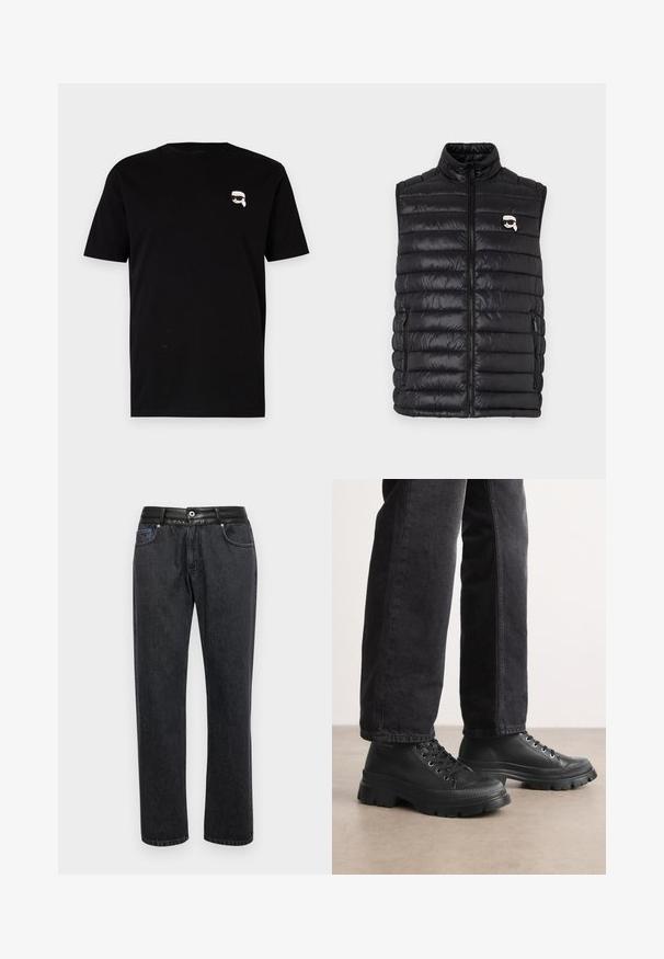 Schwarze gepolsterte Weste mit hohem Kragen, durchgehendem Reißverschluss, zwei Seitenfächern und einem kleinen Logo auf der Brust. Glattes, leichtes Material.; Schwarzes Baumwoll-T-Shirt mit kurzen Ärmeln, das auf der linken Brust ein kleines weißes Grafik eines Charakters mit Brille zeigt. Klassisches Rundhals-Design.; Schwarze Jeans aus Denim mit geradem Schnitt, ausgestattet mit einem glatten Lederbund, Vorderaschen und dezenten Steppnähten.; Schwarze Schnürsneaker mit einer klobigen, strukturierten Sohle und glattem Obermaterial. Mit Metallösen und einem gerippten Akzent um die Zehenpartie.