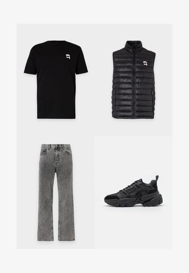 Schwarze gepolsterte Weste mit hohem Kragen, durchgehendem Reißverschluss, zwei Seitenfächern und einem kleinen Logo auf der Brust. Glattes, leichtes Material.; Schwarzes Baumwoll-T-Shirt mit kurzen Ärmeln, das auf der linken Brust ein kleines weißes Grafik eines Charakters mit Brille zeigt. Klassisches Rundhals-Design.; Schwarze gewaschene Denim-Jeans mit geradem Bein, Frontknopf und Reißverschluss, Gürtelschlaufen und Fünf-Taschen-Design.; Schwarze Sneakers mit einer Kombination aus glatten und strukturierten Materialien, einer klobigen Sohle, Schnürdesign und markanten seitlichen Akzenten.