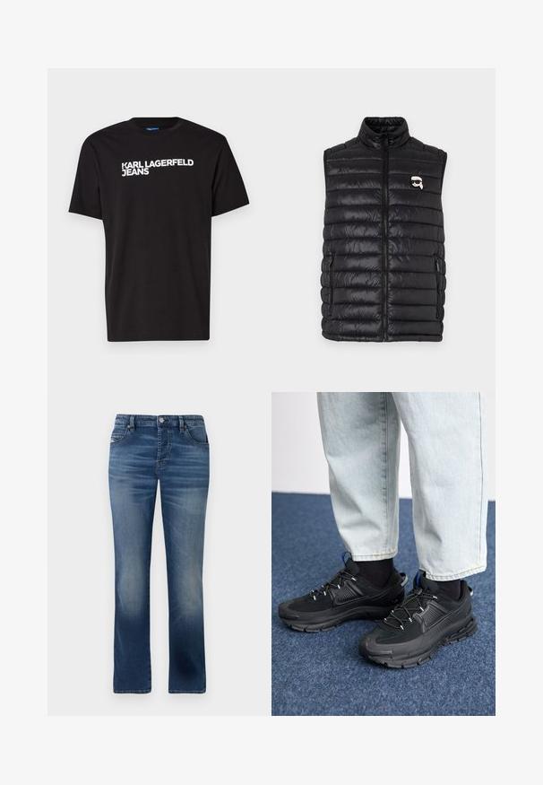Zwarte gewatteerde vest met hoge halslijn, voorkant met ritssluiting, twee zijzakken en een klein logo op de borst. Gladde, lichtgewicht stof.; Zwarte katoenen T-shirt met korte mouwen en ronde halslijn, met diagonaal over de voorkant in witte tekst "KARL LAGERFELD JEANS".; Donkerblauwe denim jeans met een rechte pijp, voorzien van zijzakken, subtiele vervaging en een klassieke knoopsluiting bij de taille.; Zwarte sportschoenen met gestructureerde stof en rubberen zolen, met elastische veters en een blauwe accent op de hiel. Draag samen met lichte spijkerbroeken.