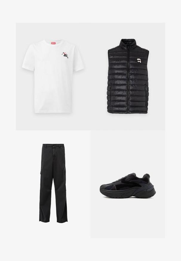 Gilet rembourré noir avec col montant, fermeture zip sur le devant, deux poches latérales et un petit logo sur la poitrine. Matière lisse et légère.; T-shirt en coton blanc avec un petit motif noir et rouge sur le côté gauche de la poitrine et une étiquette logo rouge au niveau de l'encolure. Manches courtes, col rond.; Pantalons cargo noirs avec une coupe droite, fermeture à bouton et poches latérales. Tissu lisse avec une finition mate et sans motifs visibles.; Baskets noires épaisses avec semelle épaisse, panneaux en daim et en mesh, et détails de conception texturés sur le côté et le bout.