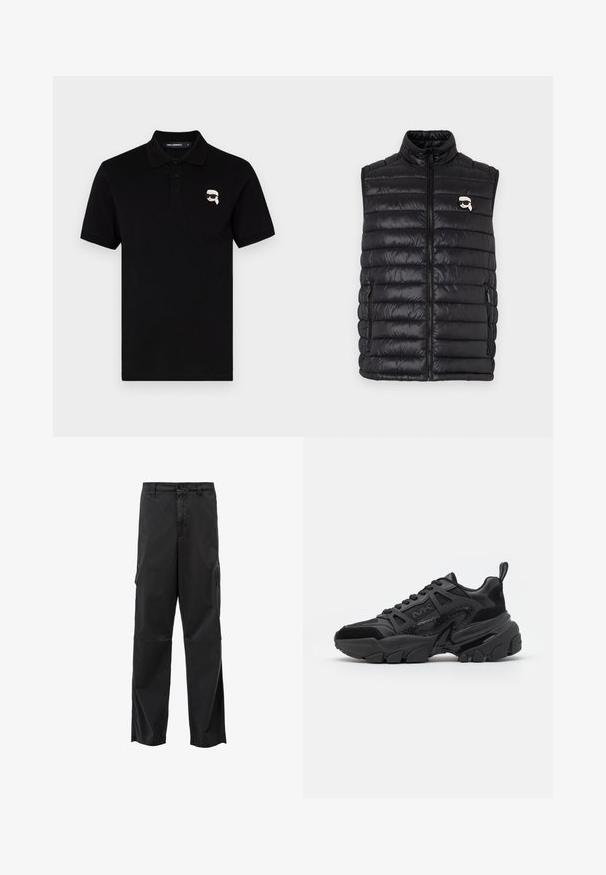Gilet rembourré noir avec col montant, fermeture zip sur le devant, deux poches latérales et un petit logo sur la poitrine. Matière lisse et légère.; Polo shirt noir en coton avec un col, trois boutons et un petit logo blanc sur la poitrine gauche. Manches courtes et coupe droite.; Pantalons cargo noirs avec une coupe droite, fermeture à bouton et poches latérales. Tissu lisse avec une finition mate et sans motifs visibles.; Baskets noires présentant un mélange de matériaux lisses et texturés, une semelle épaisse, un design à lacets et des accents latéraux distincts.