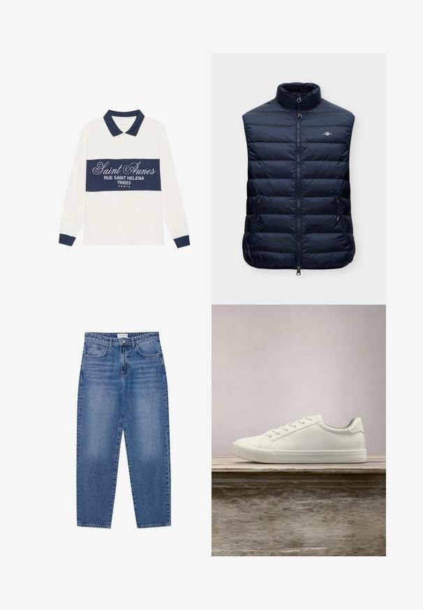 Marineblaue, gesteppte ärmellose Wattierte Weste mit hohem Kragen, Frontreißverschluss, zwei seitlichen Reißverschlusstaschen und kleinem Brustlogo.; Langärmliges Poloshirt, creme- und navyfarben, aus Baumwollmischung. Verfügt über ein navyfarbenes Band mit weißem Text und einen klassischen Kragen mit navyfarbener Einfassung.; Blaue Denim-Jeans mit hoher Taille, geradem Bein und ausgebleichtem Finish. Verfügt über fünf Taschen und einen Knopfverschluss.; Weiße Schnürsneaker, die über einer Holzbank mit grünem Laub im Hintergrund schweben und das Schuhdesign sowie die Textur zeigen.