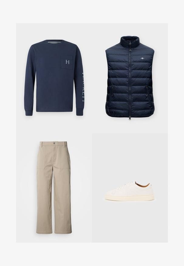 Marineblauwe doorgestikte mouwloze donsvest met hoge kraag, ritssluiting aan de voorkant, twee ritssluiting-zijzakken en klein borstlogo.; Marineblauwe longsleeve shirt van katoen, met een borstzak met een "H" logo en de tekst "HACKETT" gedrukt op de linkermouw.; Beige wijde broek van katoen; voorzien van voorzakken met klep, een knoopsluiting en zichtbare stiknaden langs de zoom.; Witte lage sneaker met vetersluiting, minimale stikdetails en een crèmekleurige zool op een lichtgrijze achtergrond.