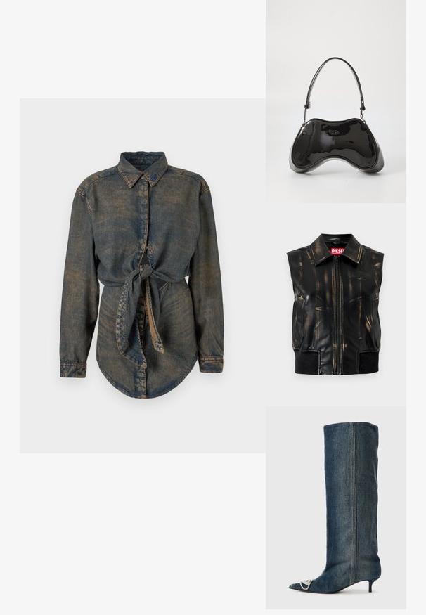 Chaqueta sin mangas de cuero negro con marcas desgastadas en color marrón claro, cierre frontal con cremallera, bolsillos laterales y detalle de ribete en el dobladillo. Tiene un logo en el pecho.; Camisa de mezclilla de color azul oscuro con un acabado ligeramente desvanecido. Presenta un cuello puntiagudo, cierre de botones y un detalle anudado en la cintura.; Bota vaquera hasta la rodilla con puntera puntiaguda, detalles en hardware plateado, tacón bajo tipo "kitten" delgado y un acabado liso y texturizado.; Bolso de mano de piel sintética negra con un diseño curvado único, asas cortas y ajustables, y abertura con cremallera en la parte superior. Textura suave con una sutil marca.