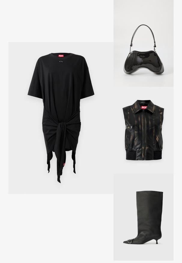Veste sans manches en cuir noir avec motifs usés couleur tan, fermeture éclair à l'avant, poches latérales et détail de bord-côte à l'ourlet. Logo visible sur la poitrine.; Robe t-shirt en coton noir à manches courtes, avec un détail noué à la taille et une étiquette logo. Texture douce et coupe décontractée.; Bottines en cuir noir à bout pointu, petite talon et détail métallique sur le bout. Texture lisse et mate partout.; Sac à main en cuir verni noir avec une forme incurvée unique, une anse courte et ajustable, et une fermeture zippée. Texture lisse avec un branding discret.