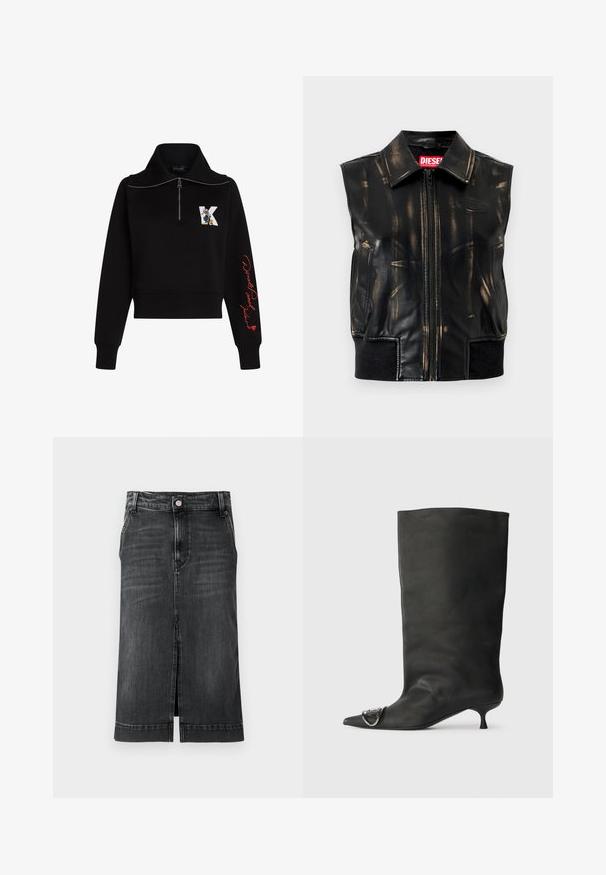 Sort lædervest uden ærmer med slidte brune mærker, lynlås foran, sidelommer og ribbet kantdetalje. Har logo på brystet.; Sort cropped sweatshirt med høj krave, sølv lynlås og rød kursiv tekst på ærmet. Har et tegneserie logo på forsiden.; Mørk denimnederdel med lige snit, knælang, med forkert split og klassisk fem-lommer design. Har en knaplukning og bæltestropper.; Sort læder ankelstøvle med spidse tå, lille hæl og metallisk detalje på tæerne. Glat, mat overflade hele vejen igennem.