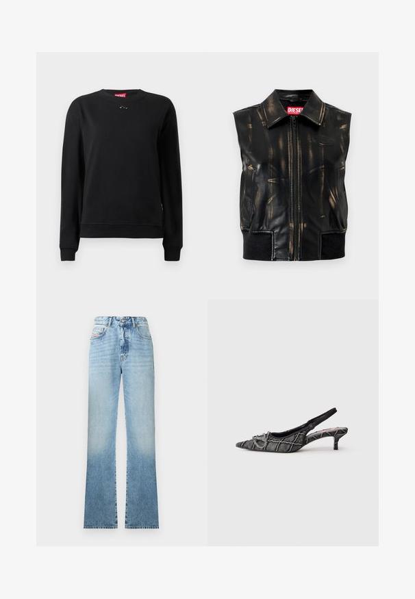 Veste sans manches en cuir noir avec motifs usés couleur tan, fermeture éclair à l'avant, poches latérales et détail de bord-côte à l'ourlet. Logo visible sur la poitrine.; Sweat-shirt noir en tissu doux, avec un col rond, des manches longues et un petit logo circulaire près du col.; Jean flare en denim bleu clair avec une finition délavée, comprenant cinq poches, une fermeture par bouton, et une ceinture classique.; Escarpin noir avec bride arrière, talon kitten, bout pointu, motif texturé et détail de boucle argentée sur fond blanc.