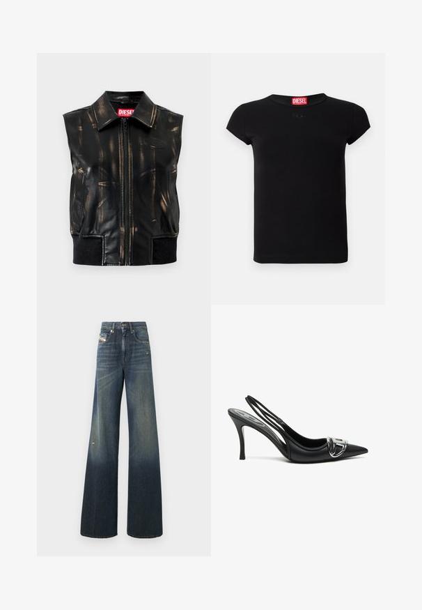 Chaqueta sin mangas de cuero negro con marcas desgastadas en color marrón claro, cierre frontal con cremallera, bolsillos laterales y detalle de ribete en el dobladillo. Tiene un logo en el pecho.; Camiseta ajustada de manga corta negra con cuello redondo y etiqueta roja de Diesel dentro del cuello.; Vaqueros de pierna ancha en azul oscuro con acabado desteñido, que presentan una rodilla desgastada y un diseño clásico de cinco bolsillos con una etiqueta.; Zapatos de tacón alto de charol negros con tira trasera y punta afilada, que presentan un detalle de hebilla plateada brillante y un tacón delgado. Textura de cuero suave, diseño minimalista.
