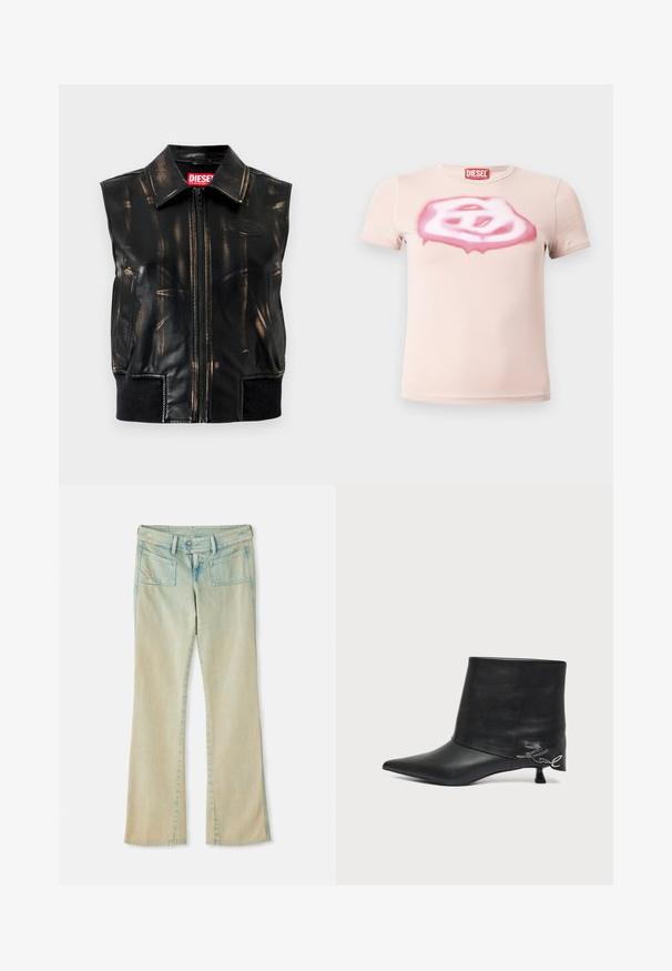 Veste sans manches en cuir noir avec motifs usés couleur tan, fermeture éclair à l'avant, poches latérales et détail de bord-côte à l'ourlet. Logo visible sur la poitrine.; T-shirt rose clair à manches courtes avec un motif abstrait rose et blanc peint en spray sur la poitrine et une étiquette logo Diesel rouge au niveau de l'encolure.; Jean flare en denim bleu clair avec une finition délavée, présentant des passants de ceinture, deux poches avant et deux poches arrière avec des accents de couture.; Bottine en cuir noir avec bout pointu, petit talon kitten et détail écrit argenté près du talon.