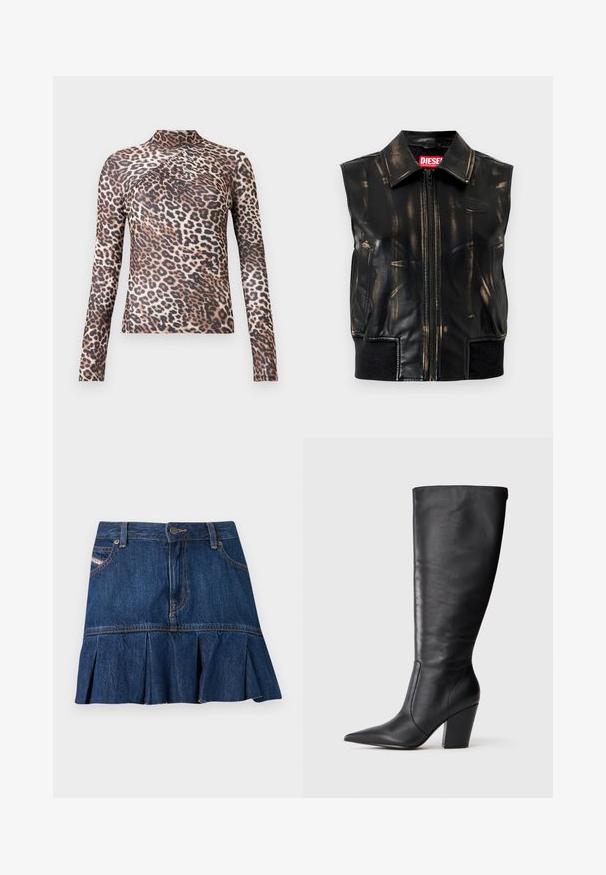 Sort lædervest uden ærmer med slidte brune mærker, lynlås foran, sidelommer og ribbet kantdetalje. Har logo på brystet.; Langærmet kvindetop med høj krave, i brun og sort leopardprint med subtile plisserede detaljer over brystet.; Blå denim mininederdel med knap- og lynlåslukning, bæltestropper, forlommer og en detaljeret plisseret kant.; Sort læderknehøj støvle med spids tå og kraftig høj hæl, vist i venstre sideprofil på hvid baggrund.