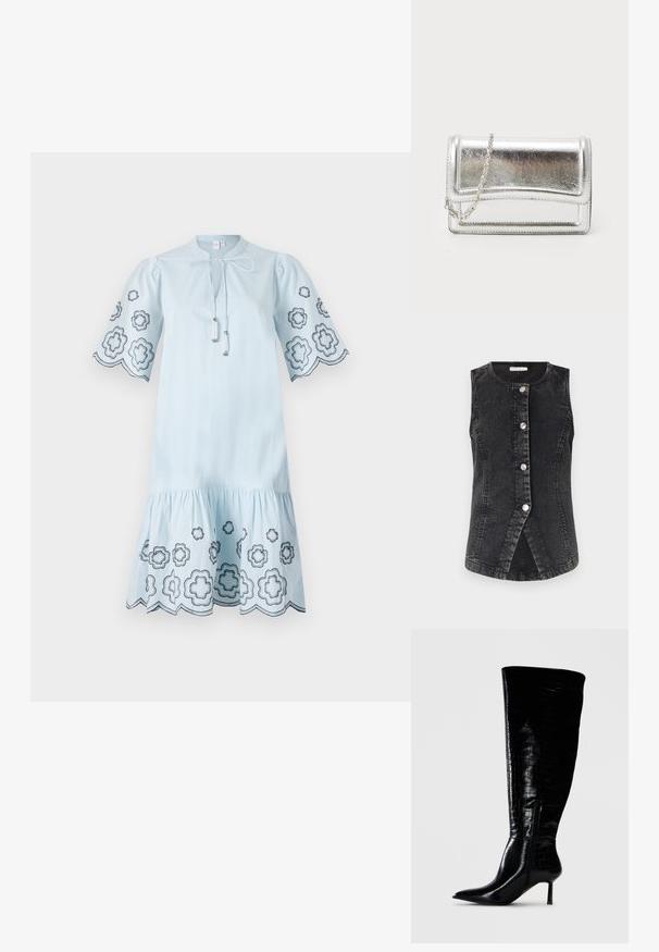 Veste en denim noire avec un col rond, fermeture à boutons sur le devant et une coupe ajustée. Présente un ourlet légèrement incurvé et des détails de couture visibles.; Robe en coton bleu clair avec de courtes manches bouffantes, ornée de broderies florales noires sur les manches et l'ourlet, et dotée d'un décolleté à cordon.; Bottes noires montantes en cuir verni avec un motif crocodile. Bout pointu et talon fin ; dotées d'une fermeture éclair sur le côté.; Pochette métallique argentée avec une texture lisse, fermeture rabat et une bandoulière en chaîne. Présente un design rectangulaire structuré et des accents cousus.