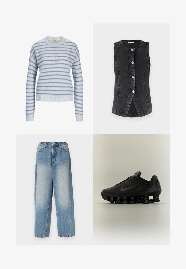 Sort denimvest med rund hals, frontknaplukning og figursyet design. Har en let buet kant og synlige syninger.; Lys blå strikket sweater med vandrette striber i en mørkere blå. Har en rund halsudskæring og ribstrikkede manchetter og kant. Blød tekstur.; Lyseblå højtaljede denimjeans med lige ben, forlommer og knaplukning, med falmede områder på lår og knæ.; Sort Nike-sneaker med lynlåsfunktion øverst og karakteristisk fjederlignende opdelt sål, vist i sideprofil mod en neutral baggrund.