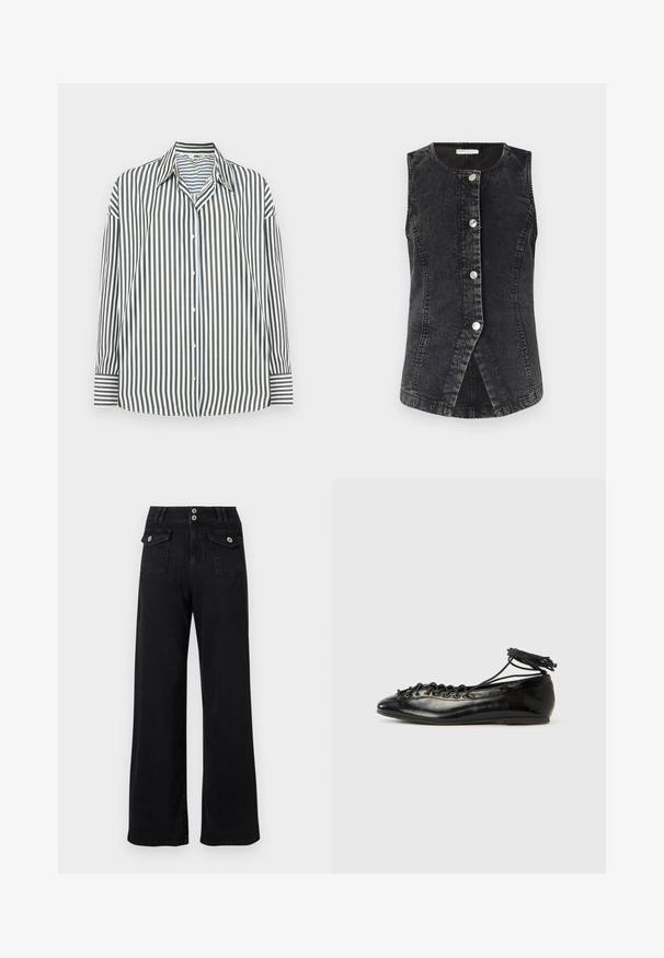 Sort denimvest med rund hals, frontknaplukning og figursyet design. Har en let buet kant og synlige syninger.; Knapp-up skjorte i grønne og hvide lodrette striber, med en klassisk krave, lange ærmer og en lige kant.; Sorte, vidde bukser med høj talje og to forlommer med klapper, der lukkes med knapper, samt dobbelt knaplukning ved taljen.; Sorte balletflade sko i laklæder med rundet tå, snørelukning og flad sål. Glat tekstur med få detaljer.