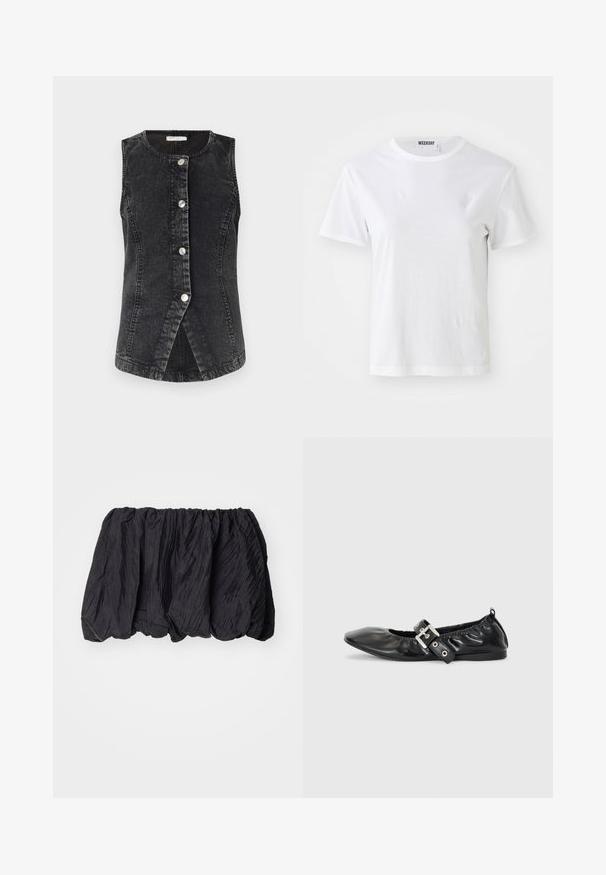 Sort denimvest med rund hals, frontknaplukning og figursyet design. Har en let buet kant og synlige syninger.; Hvid T-shirt med korte ærmer lavet af blødt stof. Har en rund halsudskæring og en lige pasform, med en label på den indre krave.; Sort, krøllet stoftop med elastisk talje, der har en struktureret overflade og sammensunket design for en voluminøs form.; Sorte læder flade sko med spids tå, samling detaljer omkring åbningen, og en sølv spænde accent på den justerbare rem.