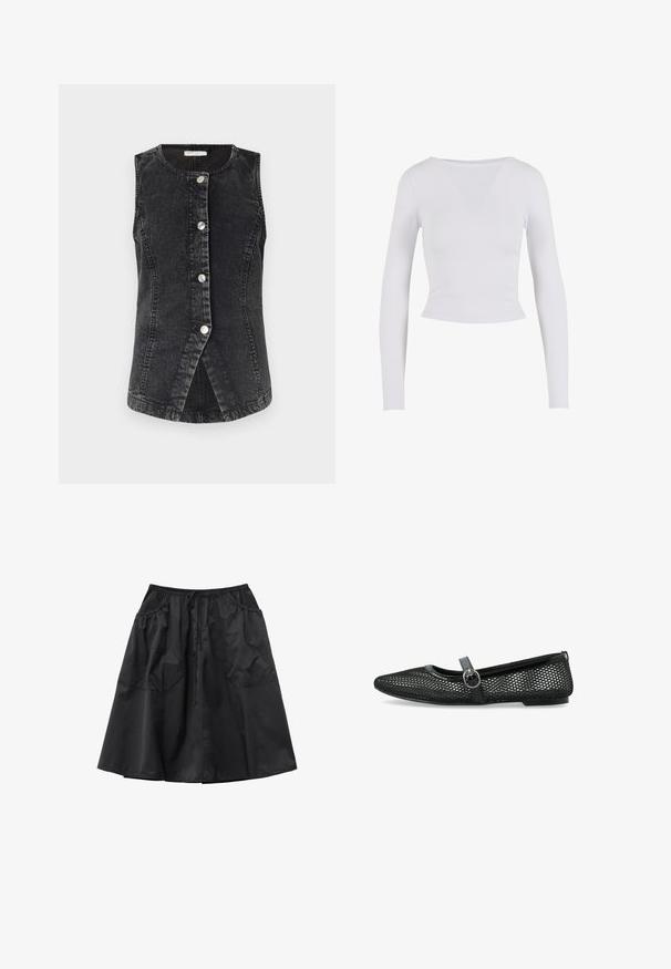 Veste en denim noire avec un col rond, fermeture à boutons sur le devant et une coupe ajustée. Présente un ourlet légèrement incurvé et des détails de couture visibles.; Top crop blanc à manches longues avec un col rond, fabriqué à partir d'un tissu lisse et extensible, affichant une coupe ajustée et sans fermetures visibles.; Jupe noire longueur genou avec taille élastique, cordon de serrage à l'avant et deux grandes poches froncées.; Des ballerines en maille noire, équipées d'un bout rond, d'une fine bride avec boucle et d'une semelle plate. La partie supérieure présente un motif géométrique pour une meilleure ventilation.