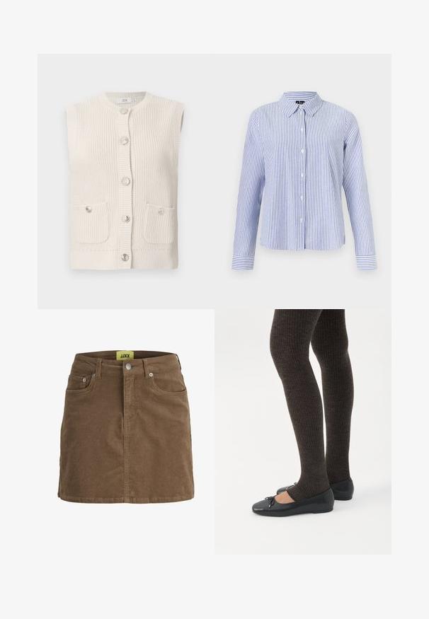 Strikket ærmeløs vest i lys beige med rund halsudskæring, frontlukning med knapper, to talje-lommer og dekorative knapper.; Langærmet skjorte med knapper med hvide og lyseblå lodrette striber og en spids krave vist på en ensfarvet baggrund.; Brun fløjlsnederdel med frontknapper og lynlås, bæltestropper og forlommer, med gul JJXX-mærkat indeni linningen.; Ben iført mørke ribbede leggings kombineret med sorte balletsko med små sløjfedetaljer på hvid baggrund.