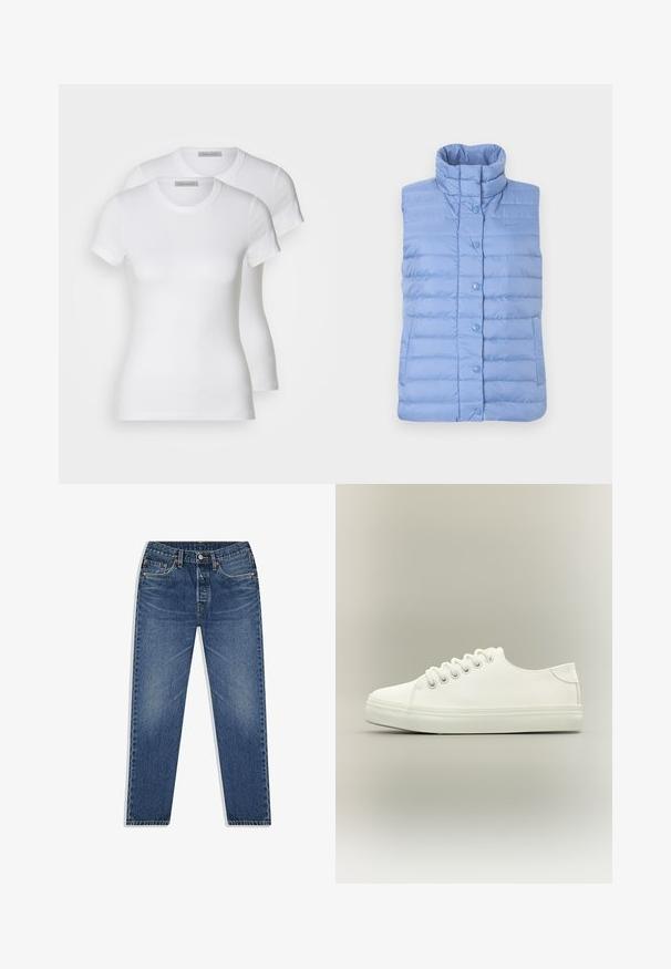 Lichtblauwe, mouwloze gewatteerde bodywarmer met een hoge kraag, horizontale doorgestikte textuur en knoopsluiting aan de voorkant. Merkembleem aan de zijkant.; Twee witte katoenen t-shirts met korte mouwen, ronde halslijnen en een getailleerd silhouet, met een zachte textuur en minimalistisch ontwerp.; Blauwe denim jeans met een recht uitlopende pijp, voorzien van een knoop- en ritssluiting, vijf zakken en subtiele vervaging in de was.; Witte lage sneaker met witte veters en rubberen zool, zijaanzicht op een neutrale achtergrond.