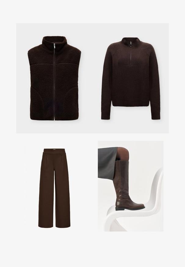 Dunkelbraune ärmellose Fleeceweste mit Reißverschluss, hohem Kragen und strukturiertem Stoff.; Dunkelbrauner, gerippter Strickpullover mit langen Ärmeln und kurzem Reißverschluss mit rundem Zipper am hohen Kragen.; Braune weit geschnittene Hose aus glattem Stoff mit hohem Bund und zwei Vorderfalten, entworfen für einen lockeren Sitz.; Braune Lederstiefel bis zum Knie mit abgerundeter Spitze, glatter Oberfläche und minimalen Nähten, vor einem hellen Hintergrund auf einem weißen Stuhl.