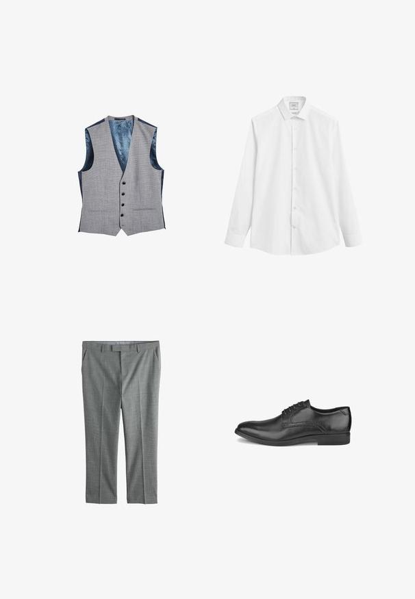 Šedá vesta s textúrovanou látkou, ktorá má modré vzorované saténové podšívku, šesť čiernych gombíkov a dve predné vrecká.; Biely štíhly dress shirt s golierom na gombíky, dlhým rukávom a hladkou textúrou. Obsahuje radu gombíkov a minimálne označenie značky.; Sivé vzorované nohavice s plochým predným dielom, bočnými vreckami a pútkami na opasok. Materiál vyzerá hladký so subtílnou štruktúrou a strihaný na mieru.; Čierna kožená pánska spoločenská obuv so šnúrkami, nízkym opätkom a hladkým lešteným povrchom, zobrazená z vonkajšej strany.