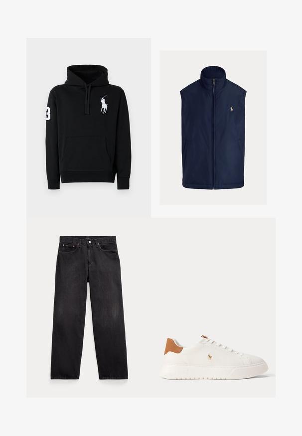 Marineblaues ärmelloses Weste aus leichtem Stoff, mit hohem Kragen, Frontreißverschluss und kleinem gesticktem Logo auf der linken Brust.; Schwarzer Kapuzenpullover aus Baumwolle, mit einer Fronttasche, Kordelzugkapuze und einem weißen Polo-Spieler-Logo mit der Nummer 3 auf dem Ärmel.; Schwarze Jeans mit geradem Bein, fünf Taschen, Knopfverschluss und sichtbaren Metallnieten an den vorderen Taschen.; Weißer Sneaker mit niedrigem Schaft, beige Fersenlasche, weißen Schnürsenkeln und kleinem, besticktem Polospieler-Logo an der Seite über einer dicken Sohle.