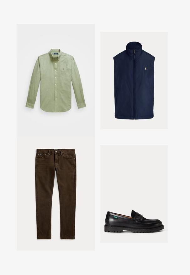 Chaleco sin mangas azul marino hecho de tela ligera, con cuello alto, cremallera frontal y pequeño logo bordado en el pecho izquierdo.; Camisa verde claro de manga larga con botones, que presenta un cuello puntiagudo, un pequeño logotipo bordado en el pecho y botones de perla.; Vaqueros ajustados de color marrón oscuro con cinco bolsillos, cierre de botón y cremallera, y etiquetas visibles de la marca Polo en la cintura y el bolsillo delantero.; Mocasín de cuero negro con suela gruesa, puntera redondeada y etiqueta verde con el logo Polo en el lateral.
