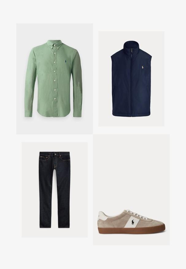 Marineblauw mouwloos vest gemaakt van lichtgewicht stof, met een hoge kraag, ritssluiting aan de voorkant en een klein geborduurd logo op de linkerborst.; Groene button-up shirt van lichtgewicht stof; heeft een puntkraag, lange mouwen en een klein blauw logo op de linkerborst.; Donkerblauwe slim-fit jeans met vijf zakken, knoopsluiting en contrasterende stiksels, plat gelegd op een lichte achtergrond.; Beige suède lage sneaker met witte veters, wit lederen accent met zwart paardenlogo en een bruine rubberen zool.