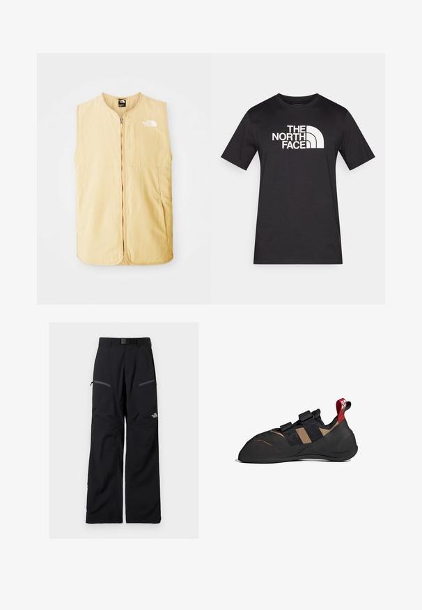 Gelbe, ärmellose Weste aus leichtem Stoff, mit einem Reißverschluss an der Vorderseite und einem Logo auf der linken Brust. Glatte Textur und sauberes Design.; Schwarzes T-Shirt mit kurzen Ärmeln aus Baumwolle, mit einem auffälligen weißen Logo "THE NORTH FACE" auf der Brust.; Schwarze Outdoor-Hose mit verstellbarem Gürtel, zwei Reißverschlusstaschen an den Oberschenkeln und The North Face-Logo am rechten Bein.; Kletterschuh mit einem schwarzen und braunen Obermaterial aus Synthetik, ausgestattet mit zwei Klettverschlüssen, einer Gummisohle und einer roten Schlaufe an der Ferse.