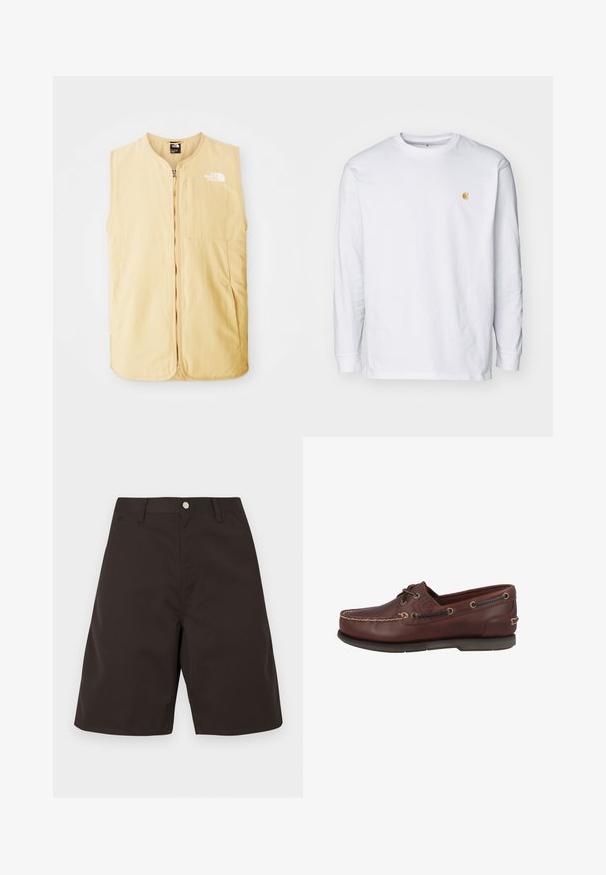 Gilet jaune sans manches en tissu léger, doté d'une fermeture éclair frontale et d'un logo sur la poitrine gauche. Texture lisse et design épuré.; T-shirt à manches longues blanc en coton. Présente un petit logo doré sur la poitrine et un col rond. Design simple et coupe standard.; Shorts marron foncé en tissu lisse. Comprennent des poches avant, des passants pour ceinture, et un devant plat. Coupe droite avec une longueur jusqu'au genou.; Chaussure bateau en cuir marron à texture lisse, avec deux œillets et surpiqûres en cuir blanc le long de la partie supérieure. Semelle en caoutchouc crantée.