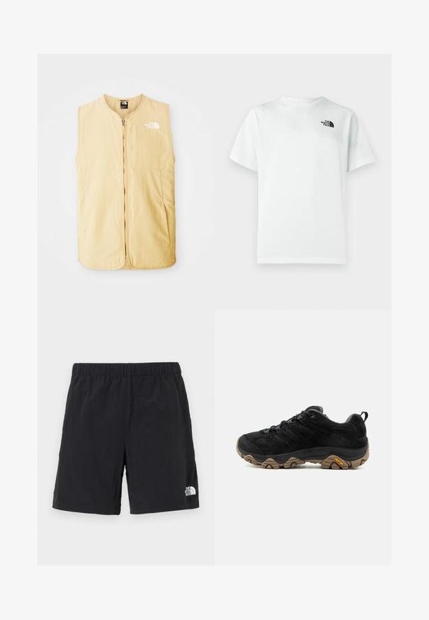 Gilet jaune sans manches en tissu léger, doté d'une fermeture éclair frontale et d'un logo sur la poitrine gauche. Texture lisse et design épuré.; T-shirt blanc en coton à manches courtes, col rond, avec un petit logo noir sur le côté gauche de la poitrine. Texture lisse.; Shorts noirs en tissu léger, dotés d'une taille élastique et d'un petit logo blanc sur le côté inférieur droit.; Chaussure de randonnée noire avec semelle Vibram marron robuste, dessus en mesh et en daim, design à lacets et languette arrière, vue de côté extérieur.