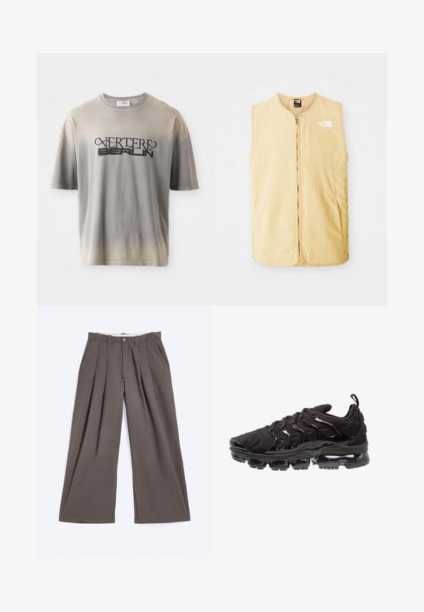 Gelbe, ärmellose Weste aus leichtem Stoff, mit einem Reißverschluss an der Vorderseite und einem Logo auf der linken Brust. Glatte Textur und sauberes Design.; Grau verlaufendes T-Shirt mit kurzen Ärmeln, das einen schwarzen Druck von "VERTERE BERLIN" in einer stilisierten Schriftart aufweist, mit weicher Textur und lockerer Passform.; Braune Hosen mit weitem Bein, Falten, Gürtelschlaufen, Knopfverschluss und Seitentaschen, flach auf einem weißen Hintergrund ausgelegt.; Schwarze Sportschuhe mit einem strukturierten Obermaterial aus Stoff, glänzenden Akzenten und einer ausgeprägten Luftpolstersohle. Verfügt über auffällige wellenartige Designelemente.