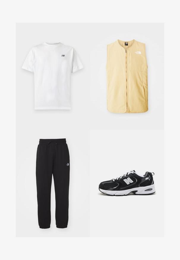Geel, mouwloos vest gemaakt van lichtgewicht stof, met een rits aan de voorkant en een logo op de linker borst. Glad textuur en een schoon ontwerp.; Witte T-shirt met korte mouwen en ronde hals met een klein zwart New Balance-logo op de linker bovenkant van de borst op een effen lichte achtergrond.; Zwarte sweatpants van zachte stof, met een elastische tailleband en trekkoord, smalle boorden bij de enkels en een klein logo op de bovenkant van de bovenbeen.; Zwarte en grijze sport schoenen met een bovenwerk van mesh en suede, voorzien van een witte tussenzool, veters en een gedurfde "N"-logo aan de zijkant.