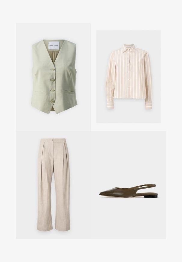 Lichtgrijze mouwloze vest met V-hals, vijf knoopsluitingen en twee voorkruiszakken. Gemaakt van een gladde stof met een subtiele textuur.; Beige en wit verticaal gestreept overhemd met lange mouwen, knoopsluiting, puntkraag en knoopmanchetten, afgebeeld op een lichte, vlakke achtergrond.; Beige linnen broek met plooien, wijde benen en een sluiting met een knoop aan de voorkant. De stof heeft een gestructureerde uitstraling en een lichte, ademende kwaliteit.; Olijfgroene platte slingback met spitse neus, lage zwarte hak en een gladde, glanzende afwerking.