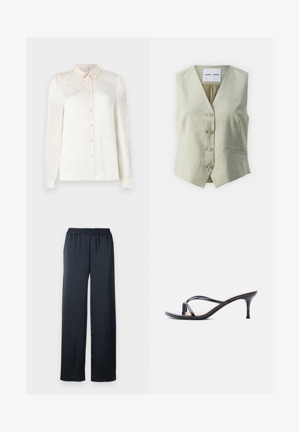 Lichtgrijze mouwloze vest met V-hals, vijf knoopsluitingen en twee voorkruiszakken. Gemaakt van een gladde stof met een subtiele textuur.; Witte langslokige blouse met een kraag, knoopsluiting aan de voorkant, gemaakt van een gladde stof met een subtiel reliëfpatroon.; Zwarte wijde broek gemaakt van een gladde, lichte stof. Kenmerkt zich door een elastische tailleband voor comfort en een vloeiende silhouette.; Zwarte laklederen sandaal met hakken, dunne gekruiste bandjes en een slanke, middelhoog stilettohak op een witte achtergrond.