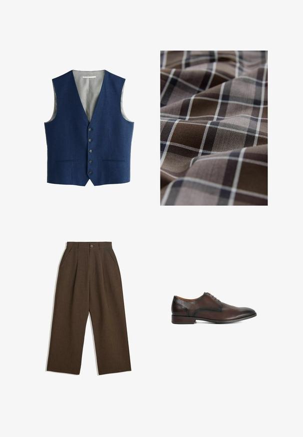 Marineblaue formelle Herrenweste mit fünf Knöpfen, zwei vorderen Schlitzentaschen und hellgrauem Satinfutter.; Braune und beige karierte Stoff mit strukturierter Webart. Zeigt abwechselnd dicke und dünne Linien in Schwarz und Weiß, die ein Schachbrettmuster bilden.; Braune Plisseehosen mit weitem Bein, ausgestattet mit einem Knopfverschluss und seitlichen Taschen, aus strukturiertem Stoff, der sich gut für Freizeitkleidung eignet.; Dunkelbrauner Herrenschuh aus Leder mit geschlossenem Schnürsystem und niedrigem gestapeltem Absatz, seitlich auf weißem Hintergrund gezeigt.