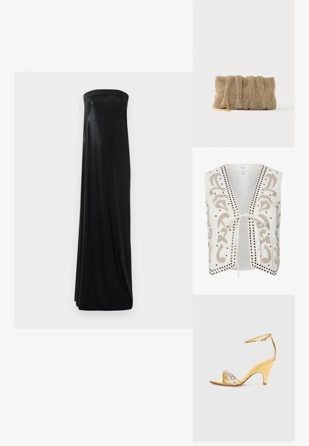 Veste sans manches blanche avec des détails en clous marron et motifs floraux brodés, avec fermeture à nouer sur le devant et design ouvert à l'avant.; Robe maxi noire sans bretelles en tissu lisse et brillant. Présente un corsage ajusté et une silhouette fluide, atteignant le sol sans embellissements.; Sandale à talons dorés avec un design à lanières, dotée d'une bande ornée de strass. Bout ouvert, bride de cheville ajustable et talon effilé.; Petit sac pochette en maille dorée avec un design froncé et une bandoulière chaîne dorée partiellement visible sur un fond blanc uni.