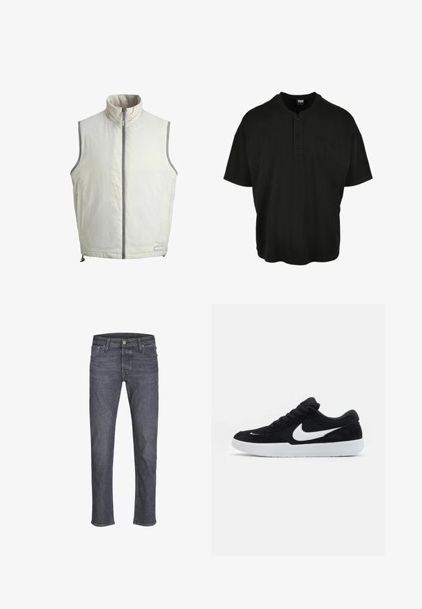 Lichtbeige mouwloos jack met hoge kraag, ritssluiting aan de voorkant, zijzakken en verstelbare zoom met trekkoord.; Zwart katoenen shirt met korte mouwen, met een henley-halslijn en twee knopen, en verlaagde schoudernaden.; Donkere grijze denim jeans met rechte pijpen, voorzien van knoop- en ritssluiting, voor- en achterzakken, en lussen voor een riem.; Zwarte suède sneakers met witte accenten, met een ronde neus, dikke witte zool en zwarte veters. Opvallend wit Nike-logo aan de zijkant.