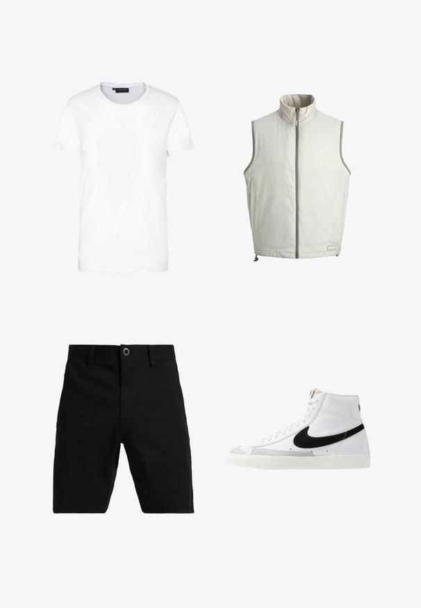 Chaqueta sin mangas de color beige claro con cuello alto, cremallera frontal, bolsillos laterales y cordón ajustable en el dobladillo.; Camiseta de algodón blanca, de manga corta, con cuello redondo, diseño liso, textura suave, corte recto, ajuste estándar, sin patrones ni acentos visibles.; Pantalones cortos de algodón negros con corte recto, cierre frontal con botón y un único acento de metal. Textura suave, sin patrones visibles.; Zapatillas altas blancas con un swoosh negro, una puntera texturizada en gris y suela plana blanca. Presenta seis ojales y acentos cosidos.
