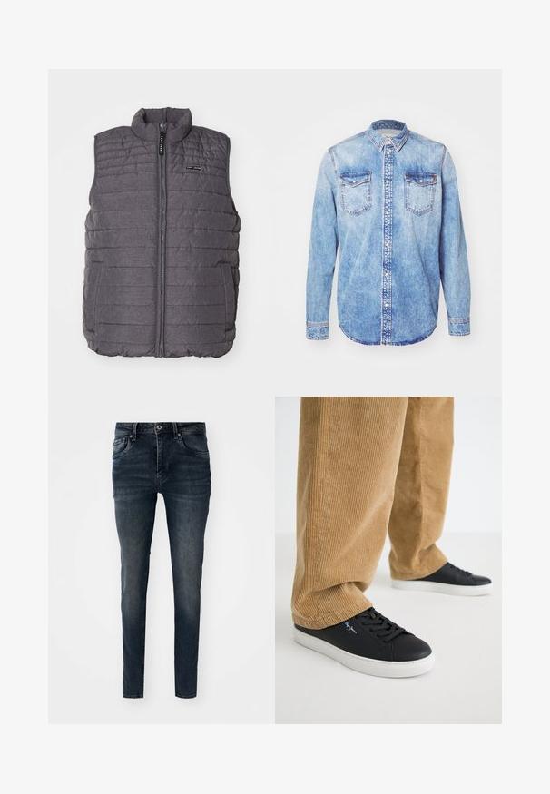 Grå polstret vest med lodret syning, høj krave og lynlås foran. Har to sidelommer og et lille logo på brystet.; Lysblå denimskjorte med lange ærmer, knap-ned krave, to brystlommer og kontrastsyetning. Rundet kant og klassisk pasform.; Mørkeblå denim jeans med slim fit, fem-lomme design, lige ben og kontrast stikninger, samt knap- og lynlås lukning.; Sorte lædersneakers med hvide gummisåler. Båret med tanfarvede corduroybukser med vertikale ribber og en afslappet pasform.