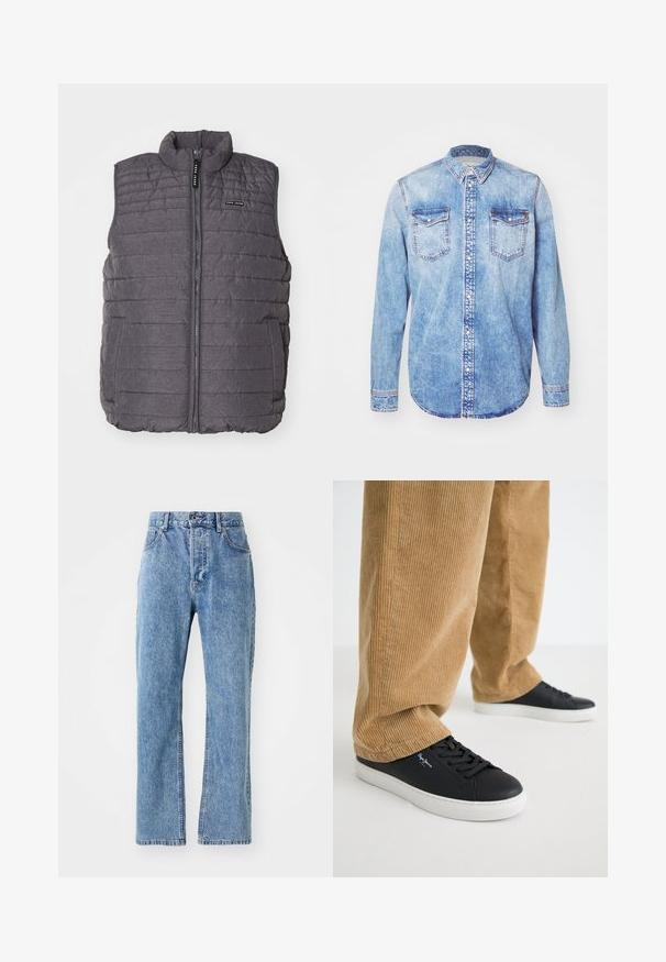 Graue gepolsterte Weste mit vertikaler Naht, hohem Kragen und Reißverschluss vorne. Verfügt über zwei Seitentaschen und ein kleines Logo auf der Brust.; Hellblaues Denimhemd mit langen Ärmeln, Button-Down-Kragen, zwei Brusttaschen und kontrastierenden Nähten. Abgerundeter Saum und klassische Passform.; Hellblaue Denim-Jeans mit hoher Taille, weitem Bein-Design, klassischem Fünf-Taschen-Stil und dezentem Verblassen des Materials.; Schwarze Ledersneaker mit weißen Gummisohlen. Getragen mit beigen Cordhosen, die vertikale Rippungen und eine lockere Passform aufweisen.