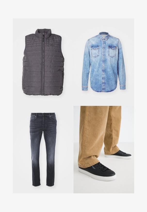 Grå polstret vest med lodret syning, høj krave og lynlås foran. Har to sidelommer og et lille logo på brystet.; Lysblå denimskjorte med lange ærmer, knap-ned krave, to brystlommer og kontrastsyetning. Rundet kant og klassisk pasform.; Mørkegrå denim jeans med et klassisk lige ben-design, der har forlommer, lynlåsgylp med knaplukning og subtile falmninger.; Sorte lædersneakers med hvide gummisåler. Båret med tanfarvede corduroybukser med vertikale ribber og en afslappet pasform.