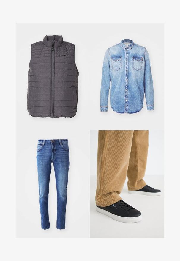 Graue gepolsterte Weste mit vertikaler Naht, hohem Kragen und Reißverschluss vorne. Verfügt über zwei Seitentaschen und ein kleines Logo auf der Brust.; Hellblaues Denimhemd mit langen Ärmeln, Button-Down-Kragen, zwei Brusttaschen und kontrastierenden Nähten. Abgerundeter Saum und klassische Passform.; Blaue Jeans aus Denim im Slim Fit mit einem Five-Pocket-Design und leichten Abnutzungen. Mit einer markierten Knopf- und Reißverschlussöffnung.; Schwarze Ledersneaker mit weißen Gummisohlen. Getragen mit beigen Cordhosen, die vertikale Rippungen und eine lockere Passform aufweisen.