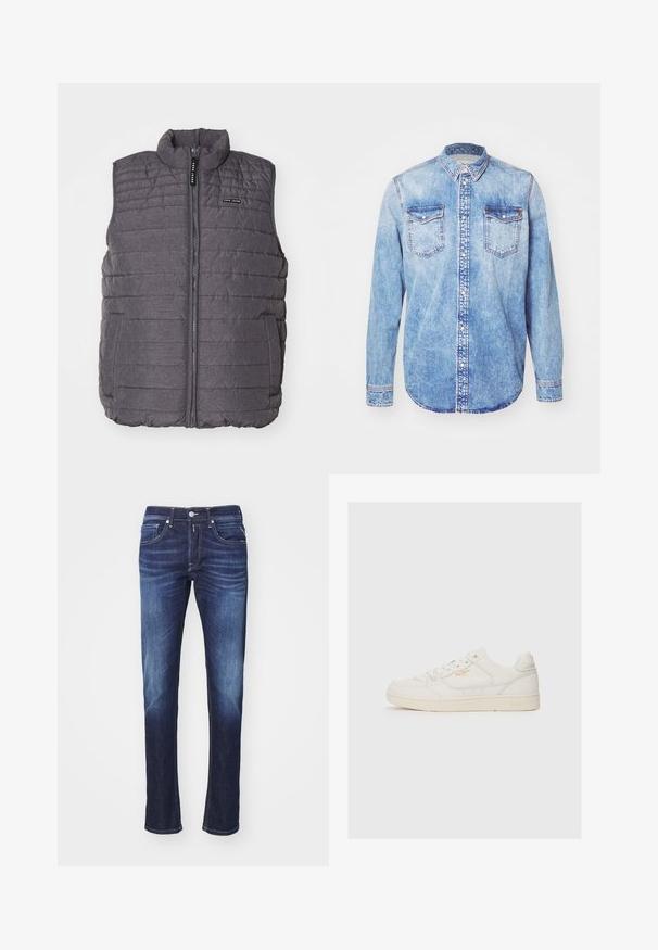 Graue gepolsterte Weste mit vertikaler Naht, hohem Kragen und Reißverschluss vorne. Verfügt über zwei Seitentaschen und ein kleines Logo auf der Brust.; Hellblaues Denimhemd mit langen Ärmeln, Button-Down-Kragen, zwei Brusttaschen und kontrastierenden Nähten. Abgerundeter Saum und klassische Passform.; Dunkelblaue Jeans aus Denim mit geradem Schnitt, ausgestattet mit fünf Taschen, einem Knopfverschluss und sanften Verwaschungen entlang der Oberschenkel.; Weiße Leder-Sneaker mit glatter Textur, versehen mit perforierten Akzenten, Schnürung an der Vorderseite und einem subtilen Logo in Gold an der Seite.