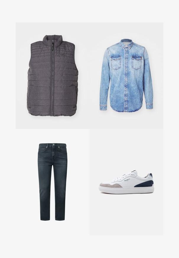 Graue gepolsterte Weste mit vertikaler Naht, hohem Kragen und Reißverschluss vorne. Verfügt über zwei Seitentaschen und ein kleines Logo auf der Brust.; Hellblaues Denimhemd mit langen Ärmeln, Button-Down-Kragen, zwei Brusttaschen und kontrastierenden Nähten. Abgerundeter Saum und klassische Passform.; Dunkelgraue Denim-Jeans mit geradem Schnitt, fünf Taschen, Knopf- und Reißverschluss, sowie dezenten Nähten.; Weißer Low-Top-Sneaker mit grauer Wildlederfront, marineblauem Wildlederabsatz, weißen Schnürsenkeln und "Pepe Jeans"-Logo an der Seite.