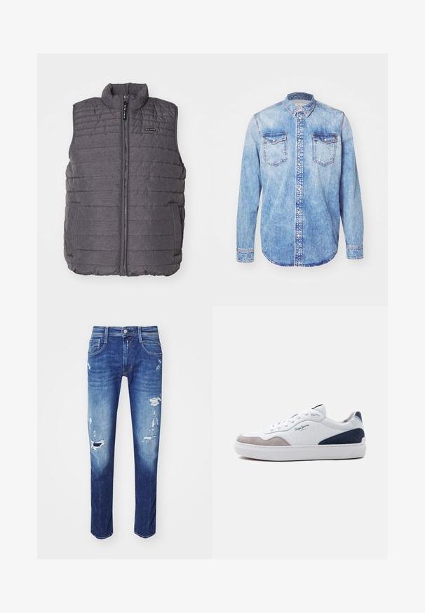Grijze gewatteerde vest met verticale stiksels, hoge kraag en ritssluiting aan de voorkant. Bevat twee zijzakken en een klein logo op de borst.; Lichtblauw denim shirt met lange mouwen, button-down kraag, twee borstzakken en contrasterende stiksels. Afgeronde zoom en klassieke pasvorm.; Donkerblauwe spijkerbroek met gescheurde details, vijf-pocket ontwerp en subtiele vervaging. Recht model met een nette zoom.; Witte lage sneaker met grijze suède voorkant, marineblauwe suède hiel, witte veters en "Pepe Jeans" logo aan de zijkant.