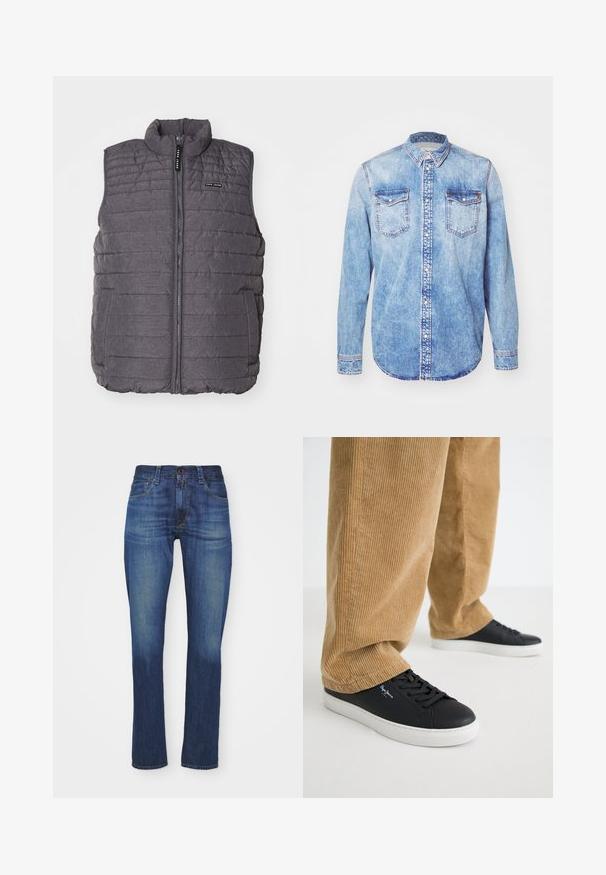 Grå polstret vest med lodret syning, høj krave og lynlås foran. Har to sidelommer og et lille logo på brystet.; Lysblå denimskjorte med lange ærmer, knap-ned krave, to brystlommer og kontrastsyetning. Rundet kant og klassisk pasform.; Mørkeblå denim jeans i slim fit med et klassisk femlommersdesign, der har lynlås og knaplukning samt subtil slidtegn.; Sorte lædersneakers med hvide gummisåler. Båret med tanfarvede corduroybukser med vertikale ribber og en afslappet pasform.