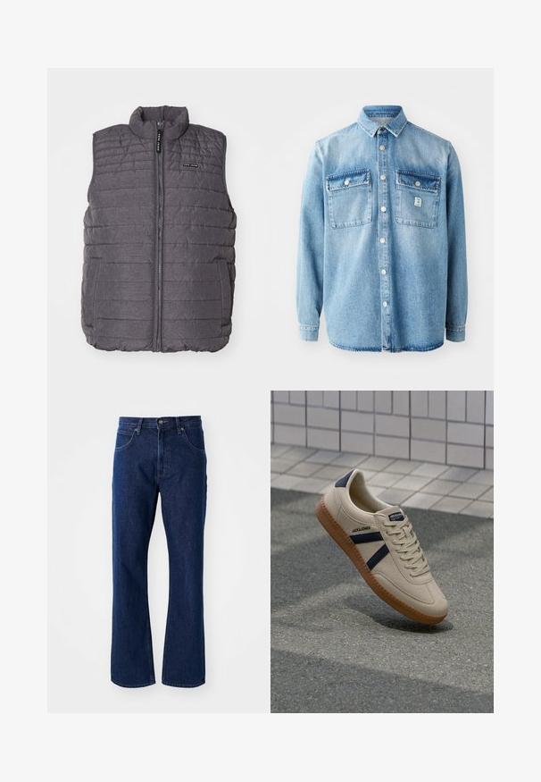 Grå polstret vest med lodret syning, høj krave og lynlås foran. Har to sidelommer og et lille logo på brystet.; Lys blå denimskjorte med lange ærmer, spidse krave, to brystlommer og frontknaplukning. Har en subtil stoftekstur og syningsdetaljer.; Mørkeblå lige ben denim jeans med knap- og lynlås-lukning, bæltestropper og forlommer på en ensfarvet baggrund.; Beige sneaker med struktureret overflade, marineblå striber og gummisål. Har en polstret tunge og traditionelt snørresystem for en sikker pasform.