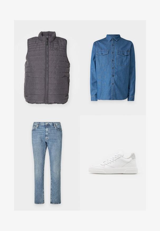 Grijze gewatteerde vest met verticale stiksels, hoge kraag en ritssluiting aan de voorkant. Bevat twee zijzakken en een klein logo op de borst.; Denim shirt in medium blue, lange mouwen, knoopsluiting, met twee borstzakken en een kraag. Voorzien van een logo op de voorkant.; Lichtblauwe denim jeans met een rechte pijp, voorzien van vijf zakken en een knoopsluiting aan de voorkant. Een vervaagde textuur voegt visuele interesse toe.; Witte leren sneakers met een gladde afwerking, ronde neus, platte veters en een gestructureerde zool. Grijze suède accent bij de hiel.