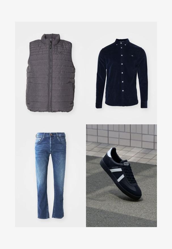 Grijze gewatteerde vest met verticale stiksels, hoge kraag en ritssluiting aan de voorkant. Bevat twee zijzakken en een klein logo op de borst.; Donkerblauwe corduroy blouse met een button-down kraag, knopen aan de voorkant, lange mouwen en een klein geborduurd logo op de borst.; Donkerblauwe spijkerbroek met een rechte pijpdesign, voorzien van vijf zakken, een bruine knoopsluiting en subtiele lichte vervaging op de bovenbenen.; Zwarte leren sneaker met witte strepen, een gestructureerde rubberen zool en vetersluiting aan de voorkant. Voorzien van een merklabel op de tong.