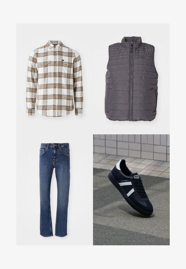 Grå polstret vest med lodret syning, høj krave og lynlås foran. Har to sidelommer og et lille logo på brystet.; Lee CLEAN WESTERN - Skjorter - ecru ochre plaid; Lyseblå denimjeans med lige ben-design, fem-lomme stil og metalknaplukning. Har diskrete stikninger og en glat tekstur.; Sort lædersneaker med hvide striber, tekstureret gummisål og snørrebånd foran. Har et brandet mærke på tungen.