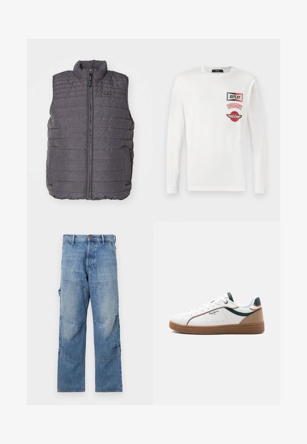 Chaleco gris acolchado con costuras verticales, cuello alto y cierre frontal de cremalleras. Cuenta con dos bolsillos laterales y un pequeño logo en el pecho.; Camisa blanca de manga larga con tres parches rojos y negros en el lado izquierdo del pecho: "REPLAY", "SPECIALIST" y un logo de una V alada.; Pantalones de mezclilla azul claro con piernas anchas, áreas desteñidas y costuras de patchwork. Presentan un cierre frontal con botón y cremallera, además de bolsillos laterales.; Zapatilla baja blanca con suela marrón, detalles en verde y beige, cordones blancos y el logo "Pepe Jeans London" en el lateral.